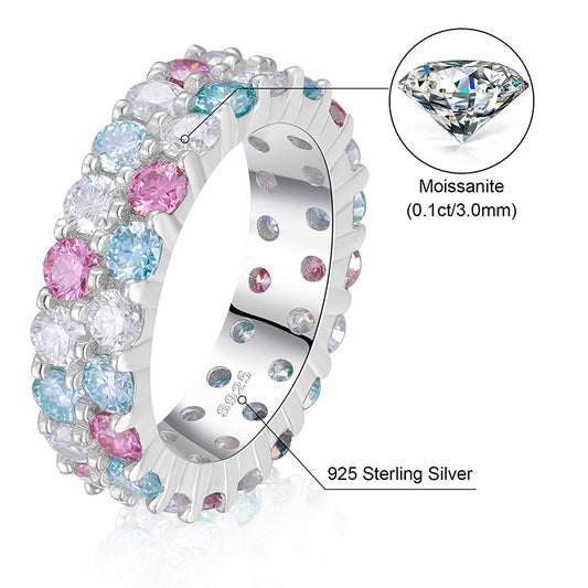925 Sterling Silver 2 Row VVS Moissanite Diamond Rainbow, Gold, Silver Band Ring
