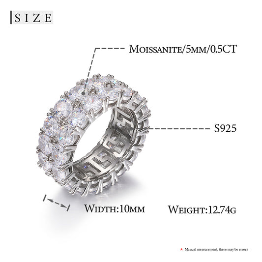 925 Sterling Silver 2 Rows 5mm VVS Moissanite Diamond Clustered Engagement Ring For Men